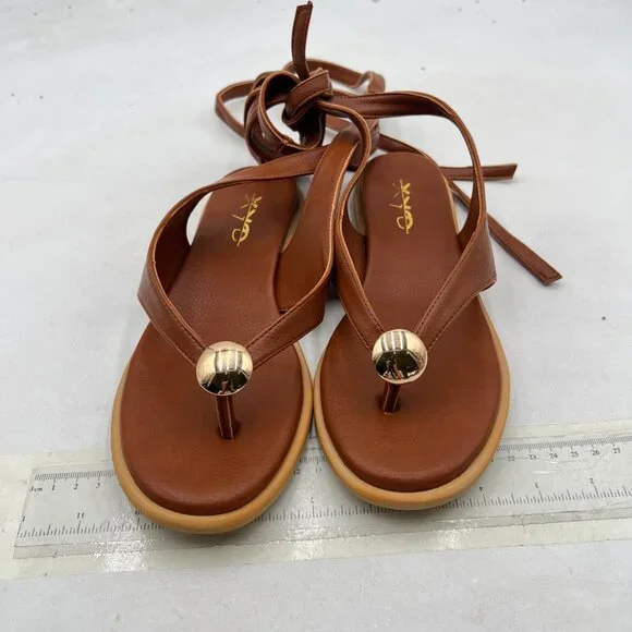 XYD Brown Open Toe Metal Gold Hardware Flip Flops Ankle Wrap Lace-up Flat Sandal - Picture 3 of 8